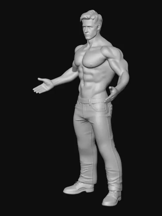 3D model for Realistic 3D human male base mesh in T-pose, proportional and anatomically accurate. Adult white male with average build, medium height, neutral facial expression, shaved head. Body should match a standard game-ready character reference with balanced proportions (not too muscular, not too skinny). No clothes, no accessories, no hair, no shoes — full clean body topology visible for modeling reference. Smooth skin, natural muscle definition, clean edge flow suitable for rigging and animation. Symmetrical body, relaxed arms extended horizontally (T-pose), fingers slightly spread. Neutral lighting, plain background, high-resolution detail, optimized topology for game development.