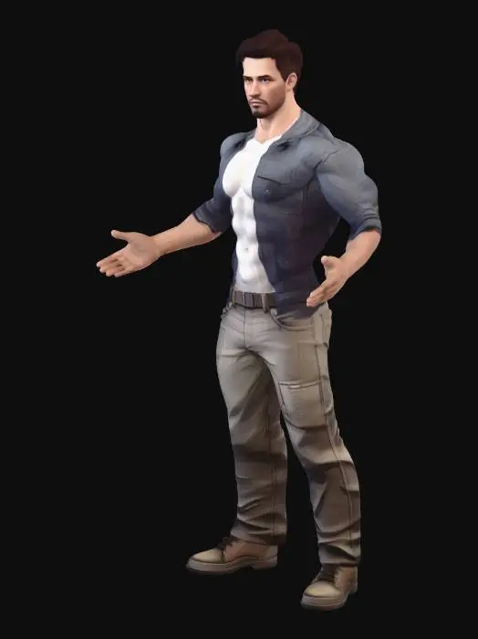 3D model for Realistic 3D human male base mesh in T-pose, proportional and anatomically accurate. Adult white male with average build, medium height, neutral facial expression, shaved head. Body should match a standard game-ready character reference with balanced proportions (not too muscular, not too skinny). No clothes, no accessories, no hair, no shoes — full clean body topology visible for modeling reference. Smooth skin, natural muscle definition, clean edge flow suitable for rigging and animation. Symmetrical body, relaxed arms extended horizontally (T-pose), fingers slightly spread. Neutral lighting, plain background, high-resolution detail, optimized topology for game development.