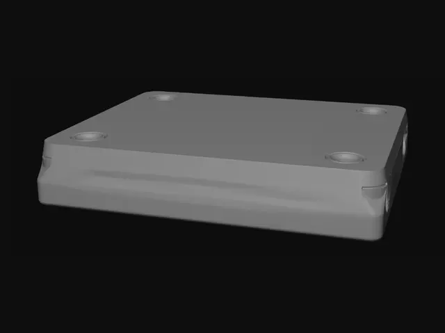 3D model for simple mechanical base, 120x20x15mm, two holes at ends, low poly, CAD style, STEP