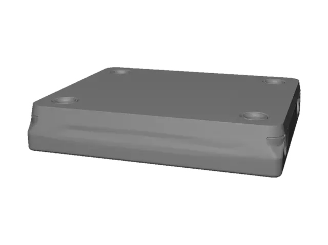 3D model for simple mechanical base, 120x20x15mm, two holes at ends, low poly, CAD style, STEP