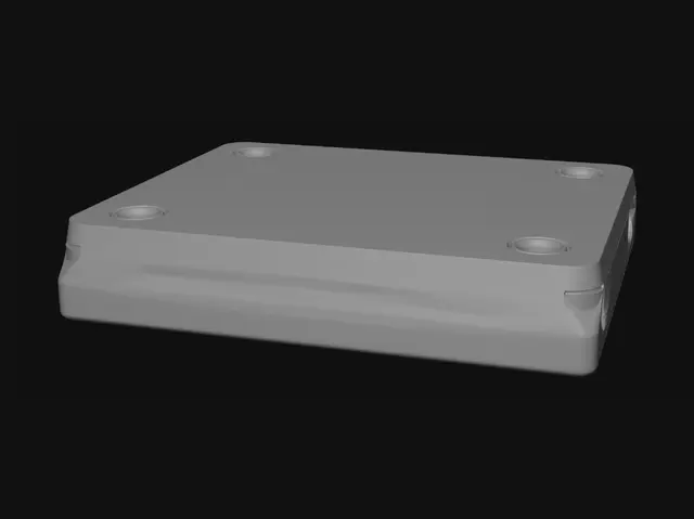 3D model for simple mechanical base, 120x20x15mm, two holes at ends, low poly, CAD style, STEP
