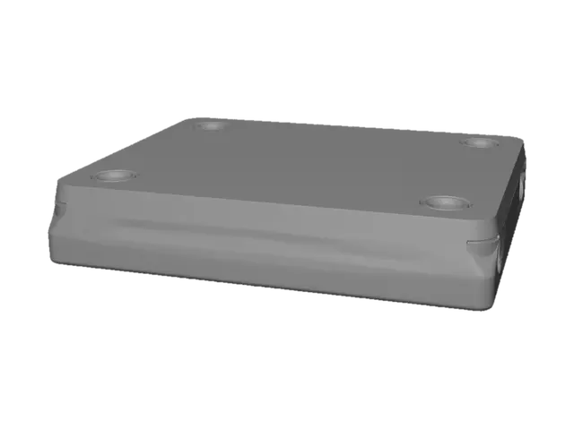3D model for simple mechanical base, 120x20x15mm, two holes at ends, low poly, CAD style, STEP