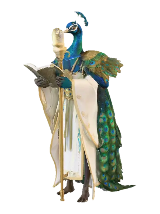 A regal anthropomorphic bipedal Peacock Skyrider healer, presenting a blend of… 3D model, vytvořený pomocí AI