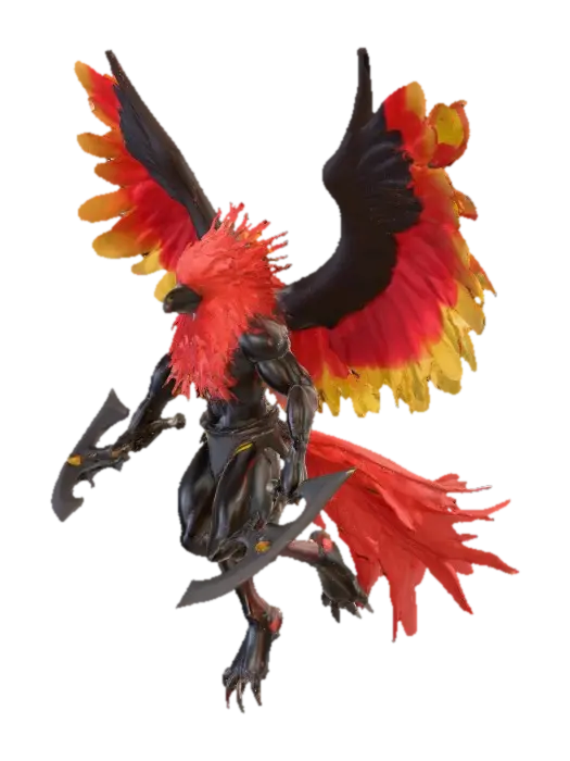 A muscular yet agile anthropomorphic bipedal Pitohui Skyrider, blending human and… - Axes 3D model, vytvořený pomocí AI