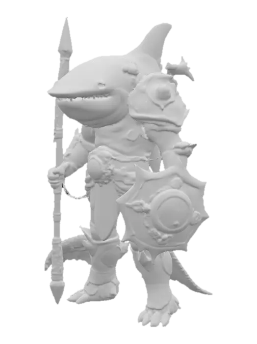 3D model for A colossal anthropomorphic Tideforged Tanker, fused with a Whale Shark, stands upright with a massive, broad build and an iconic wide, flat head dotted with large, natural Whale Shark patterns. It is clad in heavy deep-sea-inspired armor plates covering its chest, shoulders, and limbs, integrated with subtle barnacle, coral, and abyssal textures. It wields a gigantic flail with spiked deep-sea nodes and a massive rectangular spiked shield, both exhibiting coral-like spikes and faint bioluminescent glows along their edges., #PBR#
