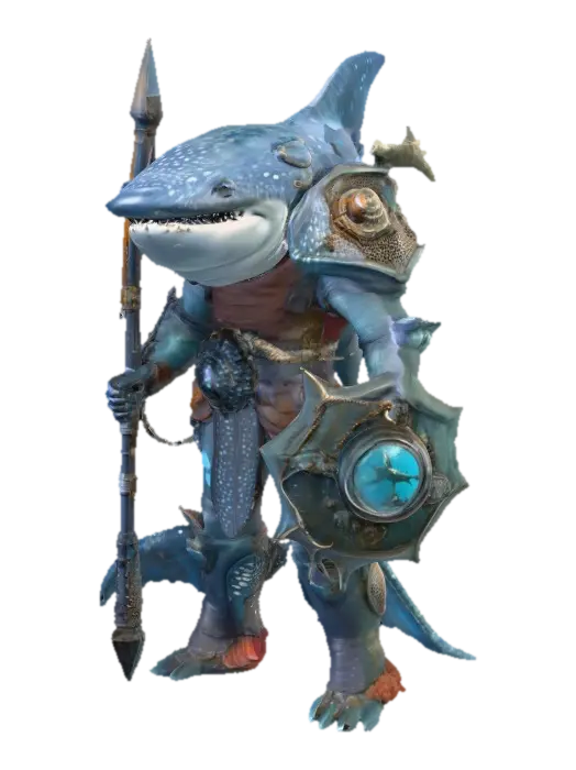 3D model for A colossal anthropomorphic Tideforged Tanker, fused with a Whale Shark, stands upright with a massive, broad build and an iconic wide, flat head dotted with large, natural Whale Shark patterns. It is clad in heavy deep-sea-inspired armor plates covering its chest, shoulders, and limbs, integrated with subtle barnacle, coral, and abyssal textures. It wields a gigantic flail with spiked deep-sea nodes and a massive rectangular spiked shield, both exhibiting coral-like spikes and faint bioluminescent glows along their edges., #PBR#