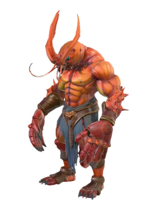 3D model for An imposing anthropomorphic Tideforged melee warrior, fused with a Giant Reef Lobster, boasts a muscular, broad humanoid torso and massive lobster claws that form sharp, deadly weapons. Armor plates seamlessly integrate with his chitin, reflecting deep ocean reds, oranges, and subtle iridescent highlights. A powerful segmented tail, agile and prehensile, extends behind him. His eyes glow with predatory focus, and antennae sweep back menacingly in an aggressive, strike-ready stance, emphasizing brute strength and underwater agility., #PBR#