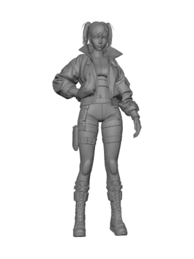 3D model for Ultra high-quality 4K realistic full-body female cyberpunk character, designed as a AAA game-ready 3D character concept. Neutral dark gray studio background, full body visible, symmetrical proportions, T-pose alternative or relaxed A-pose suitable for 3D modeling.

Athletic yet feminine body, long legs, slim waist, natural proportions, confident stance.

Short black tactical cyberpunk shorts with subtle futuristic paneling and reinforced seams.

Oversized futuristic bomber jacket with a high collar, layered technical fabrics, loose sleeves, premium stitching, soft folds, matte black with neon green accents and a few magenta details.