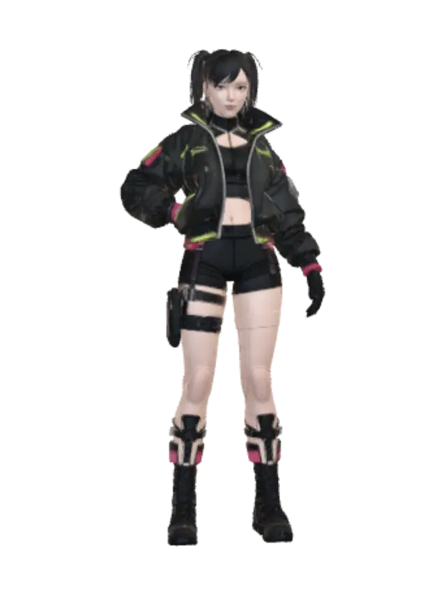 3D model for Ultra high-quality 4K realistic full-body female cyberpunk character, designed as a AAA game-ready 3D character concept. Neutral dark gray studio background, full body visible, symmetrical proportions, T-pose alternative or relaxed A-pose suitable for 3D modeling.

Athletic yet feminine body, long legs, slim waist, natural proportions, confident stance.

Short black tactical cyberpunk shorts with subtle futuristic paneling and reinforced seams.

Oversized futuristic bomber jacket with a high collar, layered technical fabrics, loose sleeves, premium stitching, soft folds, matte black with neon green accents and a few magenta details.