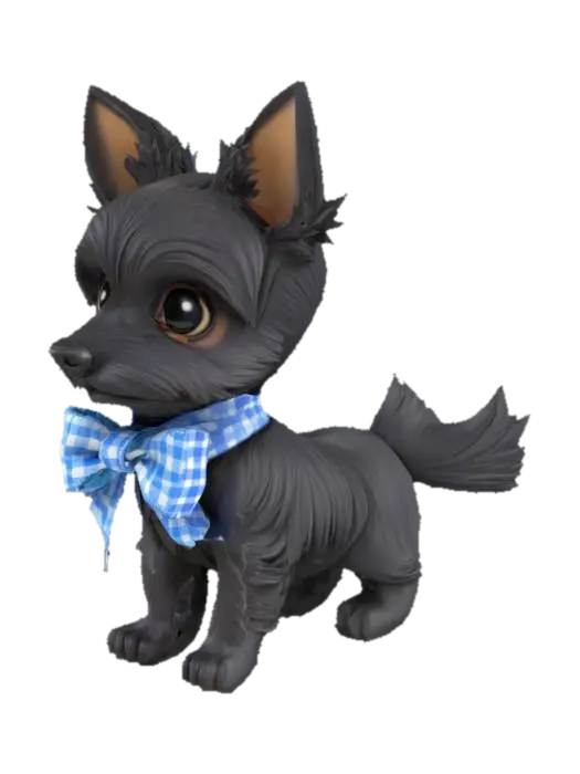 chibi style model of Toto from the Wizard of Oz stories. Toto is a small, black… - Terrier 3D model, vytvořený pomocí AI