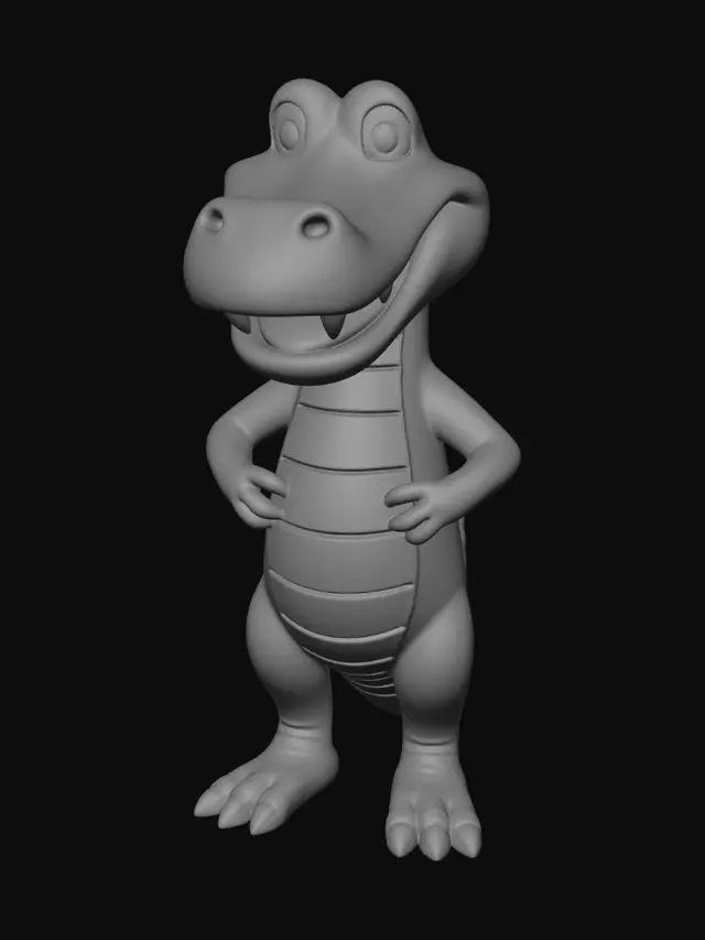 3D model for Stylized cartoon crocodile mascot statue, full body, standing upright. Huge long rounded snout, oversized smiling head, wide mouth with white triangular teeth, short arms, chunky legs, big rounded feet, thick curved tail sweeping behind. Glossy green hand-painted fiberglass look with raised dark-green scale bumps on head, back, limbs and tail. Smooth beige cream belly, throat and lower jaw with soft segment lines. Friendly playful expression, exaggerated proportions, theme-park/airport statue style. Clean watertight 3D model, PBR materials, suitable for game/animation.

Negative: no background, people, floor, pillars, signs, luggage, realism, horror, blood, fur, extra limbs, duplicate tail, messy geometry.