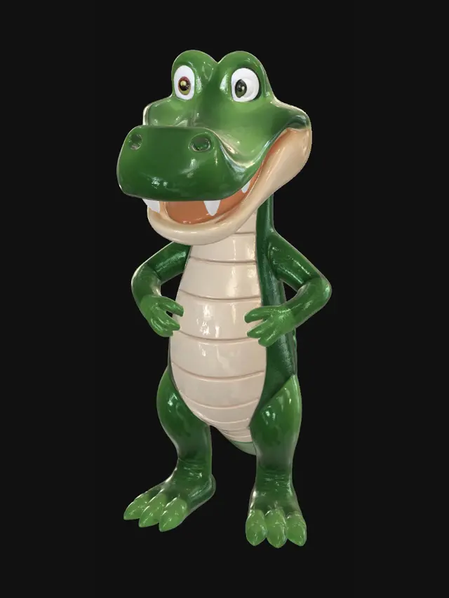 3D model for Stylized cartoon crocodile mascot statue, full body, standing upright. Huge long rounded snout, oversized smiling head, wide mouth with white triangular teeth, short arms, chunky legs, big rounded feet, thick curved tail sweeping behind. Glossy green hand-painted fiberglass look with raised dark-green scale bumps on head, back, limbs and tail. Smooth beige cream belly, throat and lower jaw with soft segment lines. Friendly playful expression, exaggerated proportions, theme-park/airport statue style. Clean watertight 3D model, PBR materials, suitable for game/animation.

Negative: no background, people, floor, pillars, signs, luggage, realism, horror, blood, fur, extra limbs, duplicate tail, messy geometry.