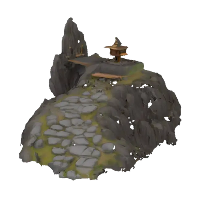 3D model for make a mountain with a long path going up and around it at the top put an arch with a platform to put a backflow incense burner in it so the smoke flows down the stairs and around the mountain

