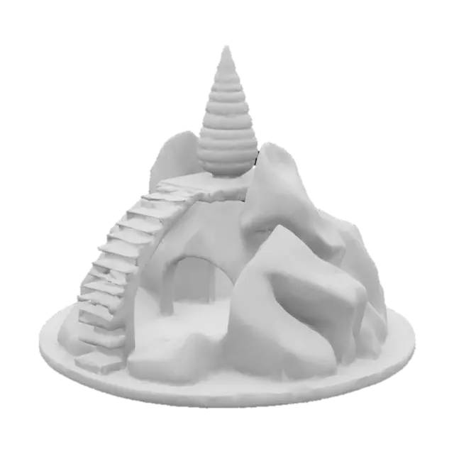 3D model for make a incense burner for a cone backflow incense in the shape of a mountain with a arch over the top of it for the cone to sit on the arch should go over the mountain and look like a modern walkway