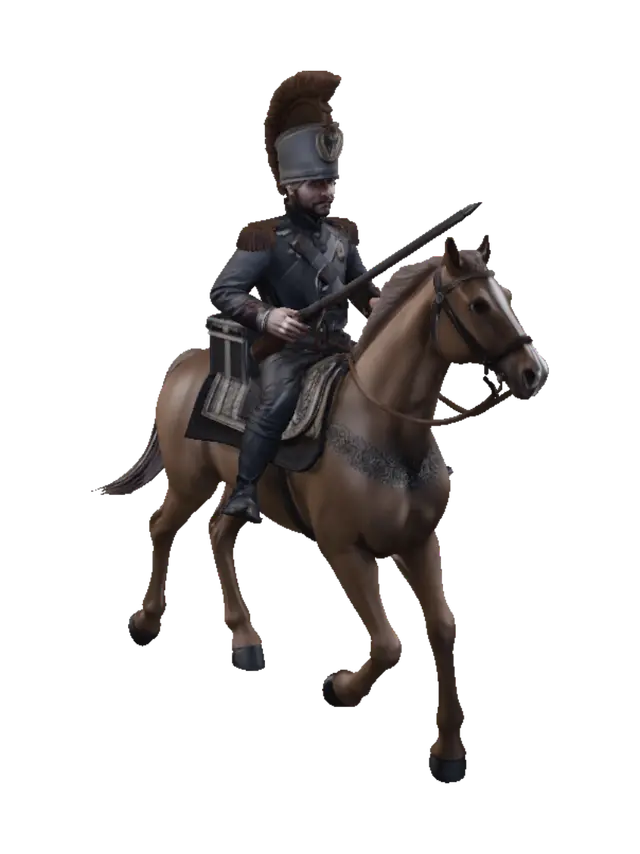 3D model for French napoleonic hussar cavalryman, holding a rifle in one hand, with other hand holding the reins  mounted on a saddled horse advancing