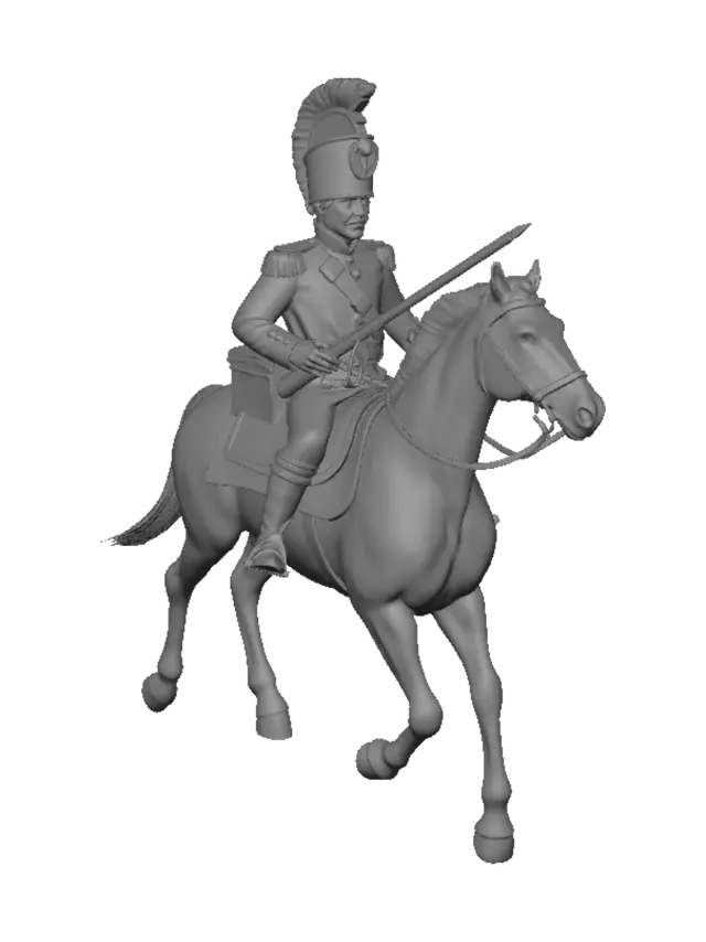3D model for French napoleonic hussar cavalryman, holding a rifle in one hand, with other hand holding the reins  mounted on a saddled horse advancing