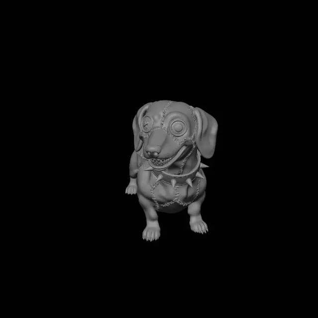 3D model for Generate a creepy weenie dog with patchwork skin, a spiked collar, and a buttton eye