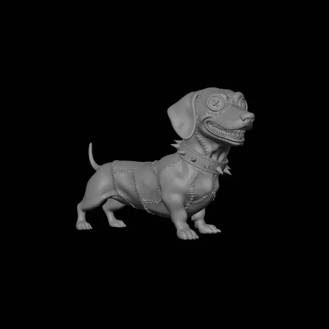 3D model for Generate a creepy weenie dog with patchwork skin, a spiked collar, and a buttton eye