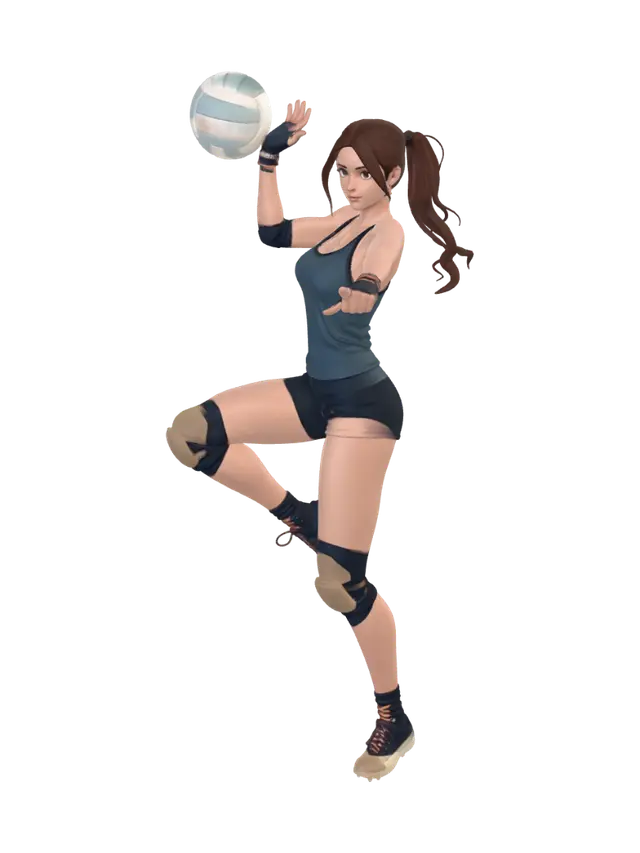 3D model for A high-quality 3D stylized render of Lara Croft as a professional volleyball player in mid-air for a spike. The character wears a sleek, textured tank top, tight athletic shorts, and detailed 3D-modeled elbow and ankle guards. Soft, rounded features with expressive eyes. Bright, saturated colors, clean clay-like textures, and professional Octane rendering. The background is a simplified 3D volleyball arena with glowing scoreboards and soft-focus spectators.
