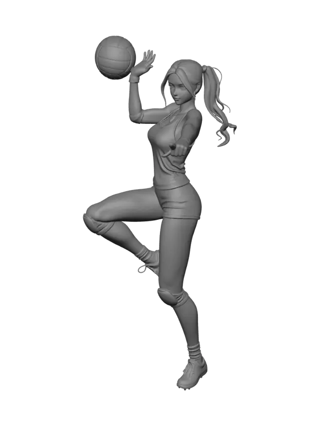 3D model for A high-quality 3D stylized render of Lara Croft as a professional volleyball player in mid-air for a spike. The character wears a sleek, textured tank top, tight athletic shorts, and detailed 3D-modeled elbow and ankle guards. Soft, rounded features with expressive eyes. Bright, saturated colors, clean clay-like textures, and professional Octane rendering. The background is a simplified 3D volleyball arena with glowing scoreboards and soft-focus spectators.