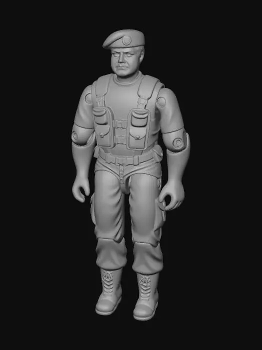 3D model for Photorealistic front-facing product photograph of the vintage G.I. Joe 'Survival' figure from image_0.png, optimized for 3D model generation. Standing straight in a neutral pose against a pure white background. The model must feature the red beret, the tan shirt with 'SURVIVAL' text, the camo vest, black pants, and boots. Replicate the exact articulation geometry with clear, visible metal rivets at the elbows, shoulders, and T-hook waist connection. Implied rubber O-ring joint. Focus on technical surface details: aged injection-molded plastic texture, fine mold flash lines along all body seams, and minor surface wear and scuffs. The paint must show slight, realistic imperfections and a hand-applied appearance. Sharp focus head-to-toe. No accessories.