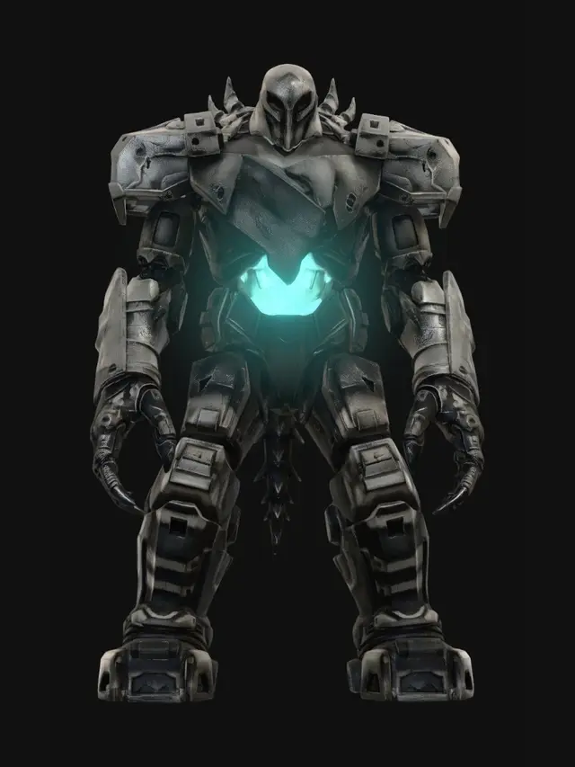 3D model for Colossal towering golem creature, hunched forward under massive weight, cathedral-like fractured stone torso with deep crevices revealing a glowing crystalline energy core, turquoise light radiating through cracks in armored plating, energy shards emerging from seams, monolithic pillar legs, long heavy arms reaching toward ground, asymmetrical broken silhouette like a walking ancient ruin, dark chitinous segmented carapace, bone-spine dorsal ridge, organic-metal texture, dramatic side rim lighting, dark neutral background, cinematic, ultra-detailed, dark fantasy creature design, Monster Hunter meets Returnal biomech, concept art, 8k