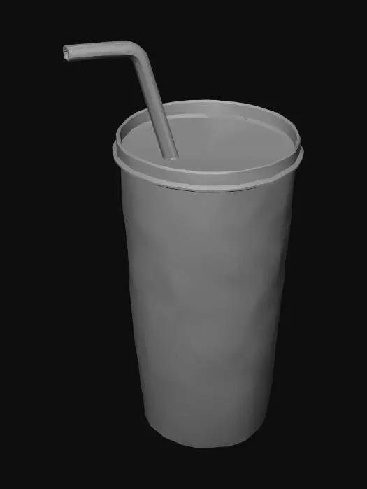 3D model for Low poly stylized soda cup with lid and straw, simple cylindrical shape, slightly tapered cup, bold color with stripe detail, minimal geometry, flat shading, clean edges, under 300 triangles style, game-ready asset, isolated object, no background, no shadows