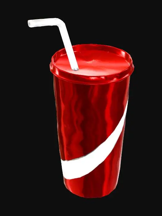 3D model for Low poly stylized soda cup with lid and straw, simple cylindrical shape, slightly tapered cup, bold color with stripe detail, minimal geometry, flat shading, clean edges, under 300 triangles style, game-ready asset, isolated object, no background, no shadows