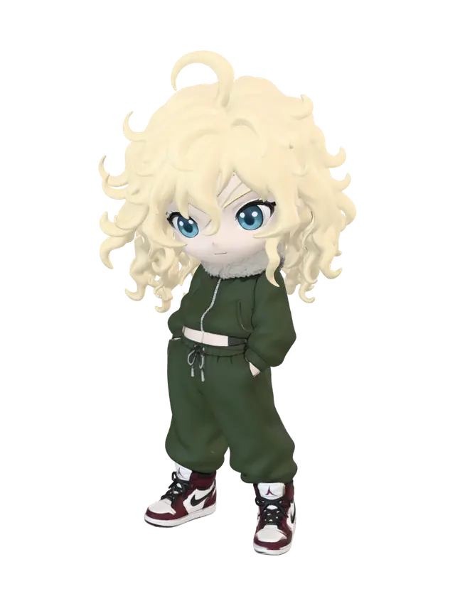 3D model for Curly Blonde Chibi in Olive Tracksuit
