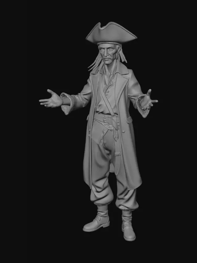 3D model for Realizza un pirata alto e giovane, non muscoloso, longineo, capelli lunghi legati con un codino, camicia da pirata larga, pantaloni e stivali da pirata, una pistola da pirata infilata nelle fascia in vita, il braccio sinistro in giù leggermente flesso, il braccio destro piegato in avanti con un pugnale rivolto in avanti con la lama parallela al suolo, no base realistico e dettagli nitidi, la testa leggermente rivolta verso il basso.