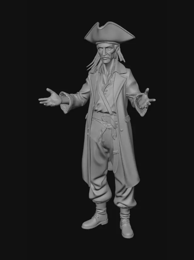 3D model for Realizza un pirata alto e giovane, non muscoloso, longineo, capelli lunghi legati con un codino, camicia da pirata larga, pantaloni e stivali da pirata, una pistola da pirata infilata nelle fascia in vita, il braccio sinistro in giù leggermente flesso, il braccio destro piegato in avanti con un pugnale rivolto in avanti con la lama parallela al suolo, no base realistico e dettagli nitidi, la testa leggermente rivolta verso il basso.