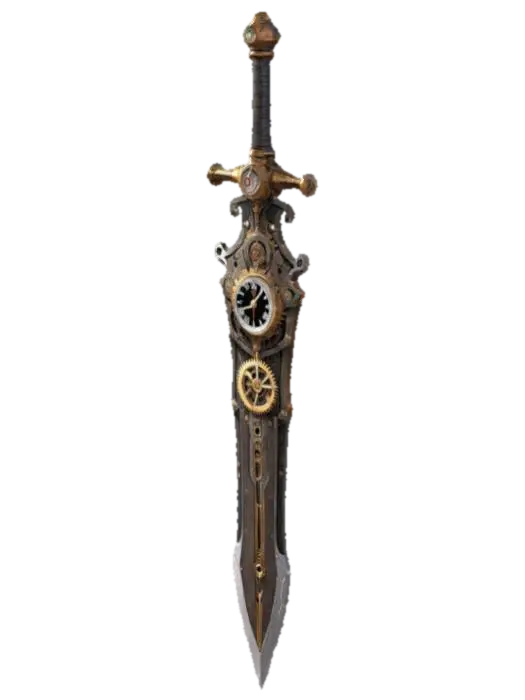 A steampunk cog sword with a clock face, and a futuristic twist. stylized and clean… - Blades 3D model, vytvořený pomocí AI