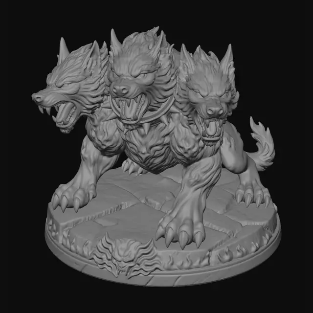 3D model for Redesign this Cerberus as a 3D-printable statue figurine. Compact heroic pose with all three heads raised and close together, body low and wide in a strong stance. Flames are sculpted INTO the fur as raised surface detail (no loose tendrils). Thick solid fangs and chunky claws attached to the body. Spiked collar sculpted onto the neck (no hanging chains). Integrated solid base/plinth at the feet. Black body, red glowing eyes, green flame fur texture detail, white fangs and claws. Clean white background, product render, front-facing isometric view, 3D sculpture style.