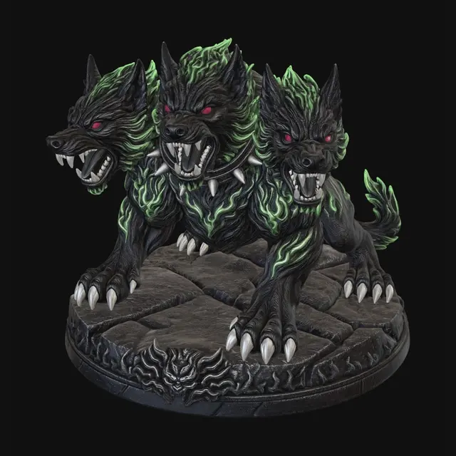 3D model for Redesign this Cerberus as a 3D-printable statue figurine. Compact heroic pose with all three heads raised and close together, body low and wide in a strong stance. Flames are sculpted INTO the fur as raised surface detail (no loose tendrils). Thick solid fangs and chunky claws attached to the body. Spiked collar sculpted onto the neck (no hanging chains). Integrated solid base/plinth at the feet. Black body, red glowing eyes, green flame fur texture detail, white fangs and claws. Clean white background, product render, front-facing isometric view, 3D sculpture style.
