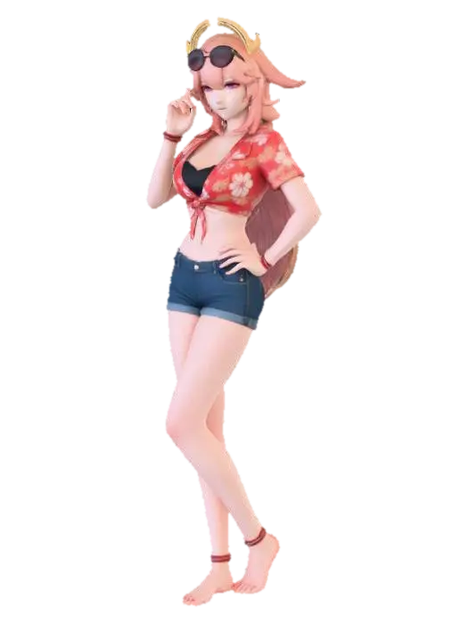 Yae Miko - Summer Flirt - Waifu 3D model, vytvořený pomocí AI