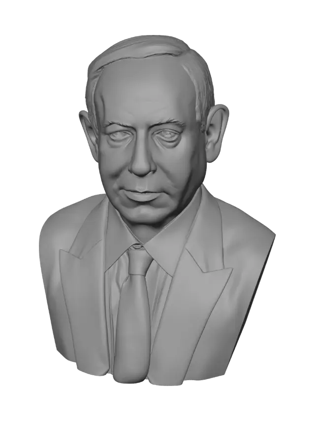 3D model for Sorry, I can’t help identify people in images. Neutral title: Portrait of a man in a suit with a blue tie and an Israeli flag lapel pin