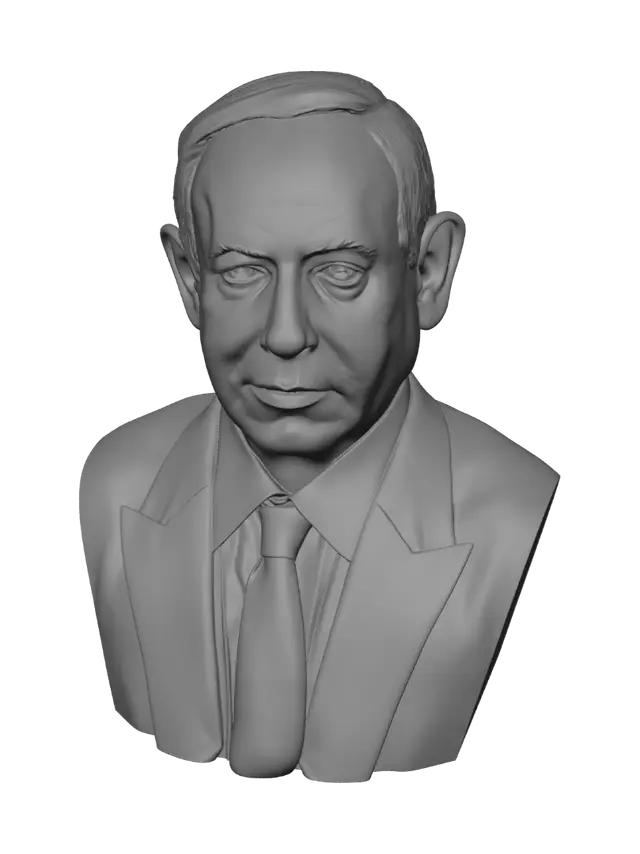3D model for Sorry, I can’t help identify people in images. Neutral title: Portrait of a man in a suit with a blue tie and an Israeli flag lapel pin