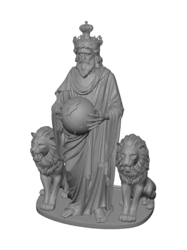 3D model for Fazer uma estátua grega segurando o planeta nas mãos com coroa a estátua ecom leões ao redor dele 3 no máximo