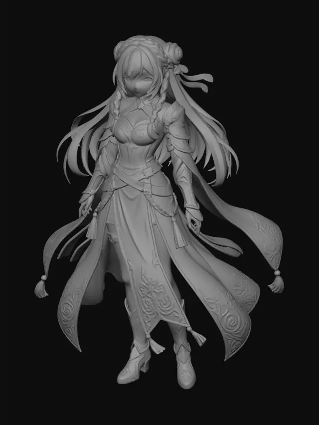 3D model for une belle fille brune dans une robe légère rouge a motifs