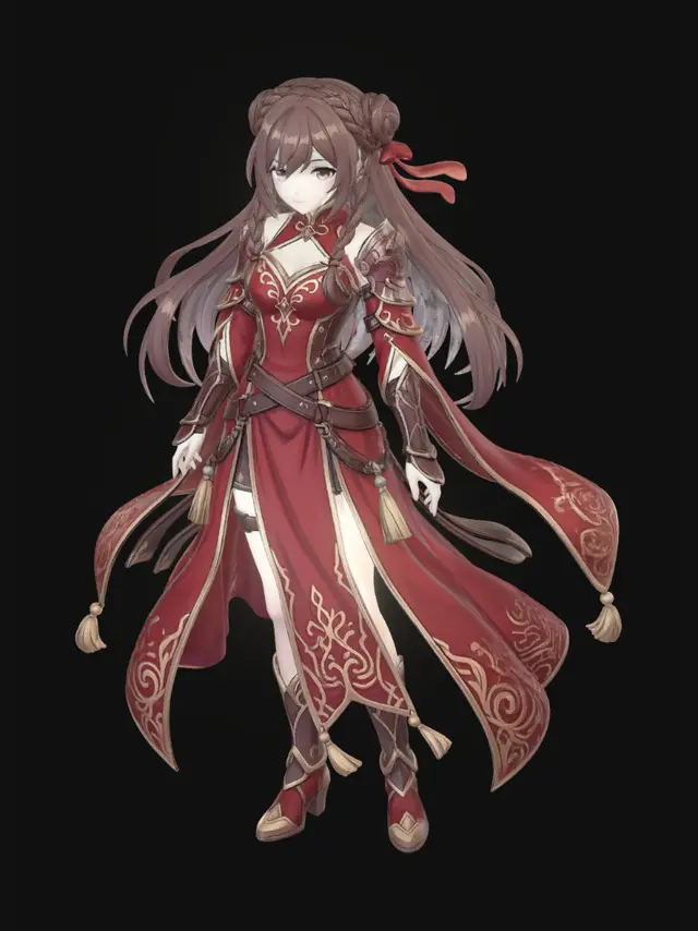 3D model for une belle fille brune dans une robe légère rouge a motifs