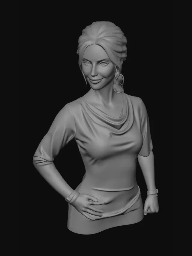 3D model for une belle fille brune dans une robe légère rouge a motifs