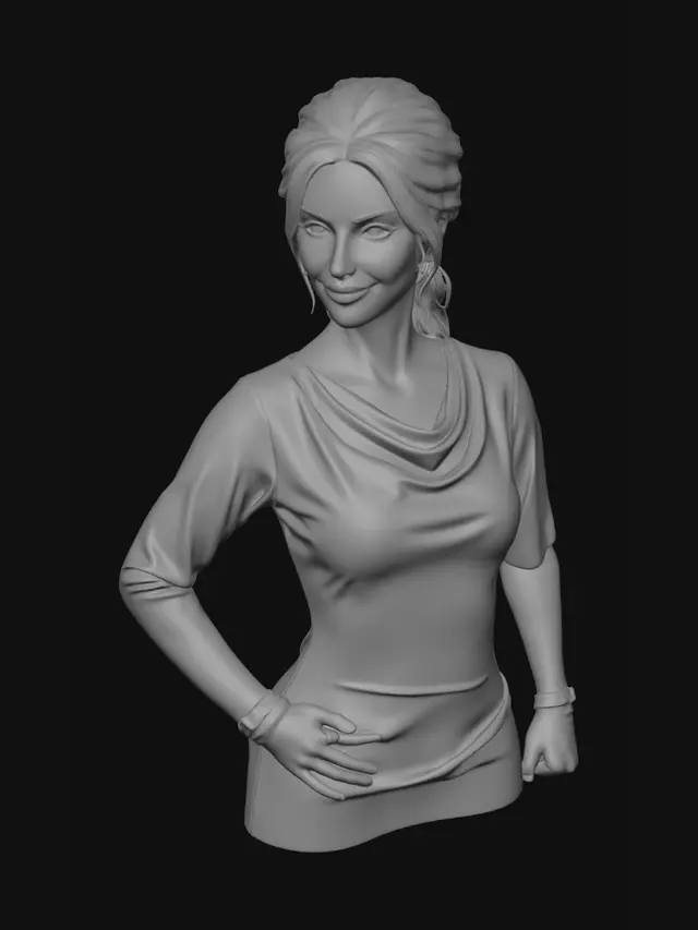 3D model for une belle fille brune dans une robe légère rouge a motifs