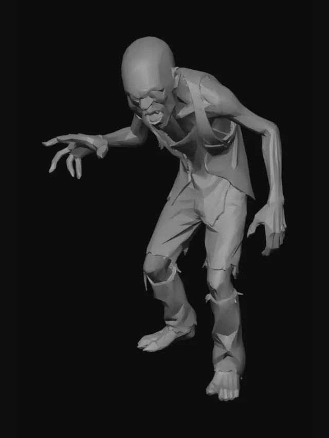 3D model for Low-poly zombie character, decayed green skin, torn clothes,
hunched posture, arms forward, game-ready, T-pose,
stylized not realistic, 500-800 polygons