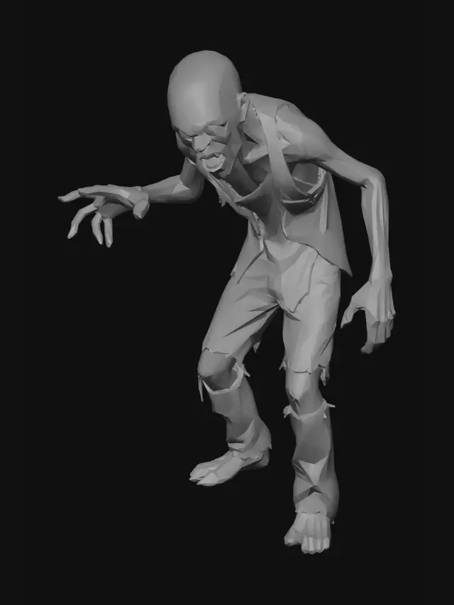 3D model for Low-poly zombie character, decayed green skin, torn clothes,
hunched posture, arms forward, game-ready, T-pose,
stylized not realistic, 500-800 polygons