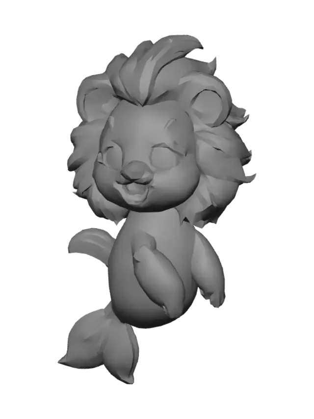 3D model for a cute anime style merlion cub, a mystical creature with the body of a fish with fins and a tail and the head of a lion