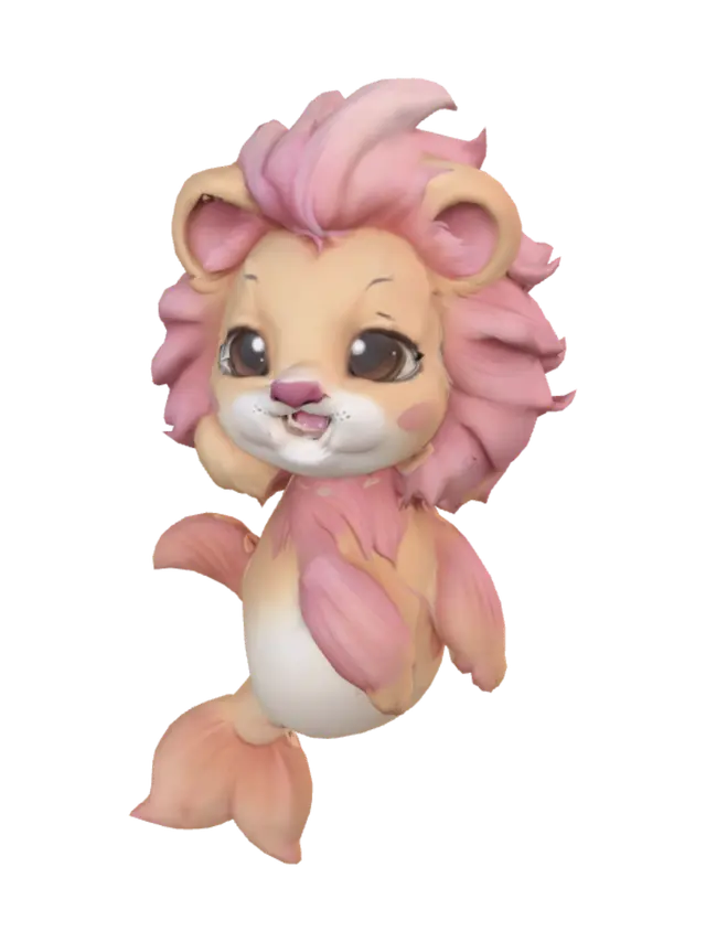 3D model for a cute anime style merlion cub, a mystical creature with the body of a fish with fins and a tail and the head of a lion