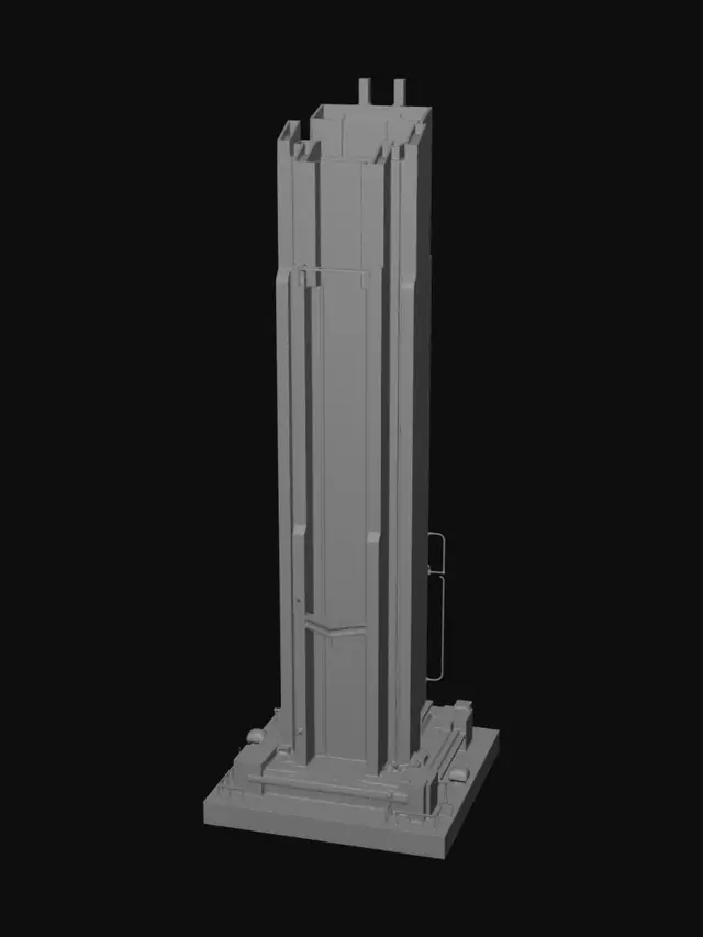 3D model for A 3D game asset of a futuristic cyberpunk skyscraper building. Dark metallic carbon-fiber structure with massive holographic billboards and glowing purple and cyan neon signs attached to the sides. High-tech architecture with geometric angles, ventilation pipes, and a small flying car landing pad on the side. Low-poly stylized game asset, clean silhouette, professional digital art style, 8K texture quality, isolated on a solid light gray background.