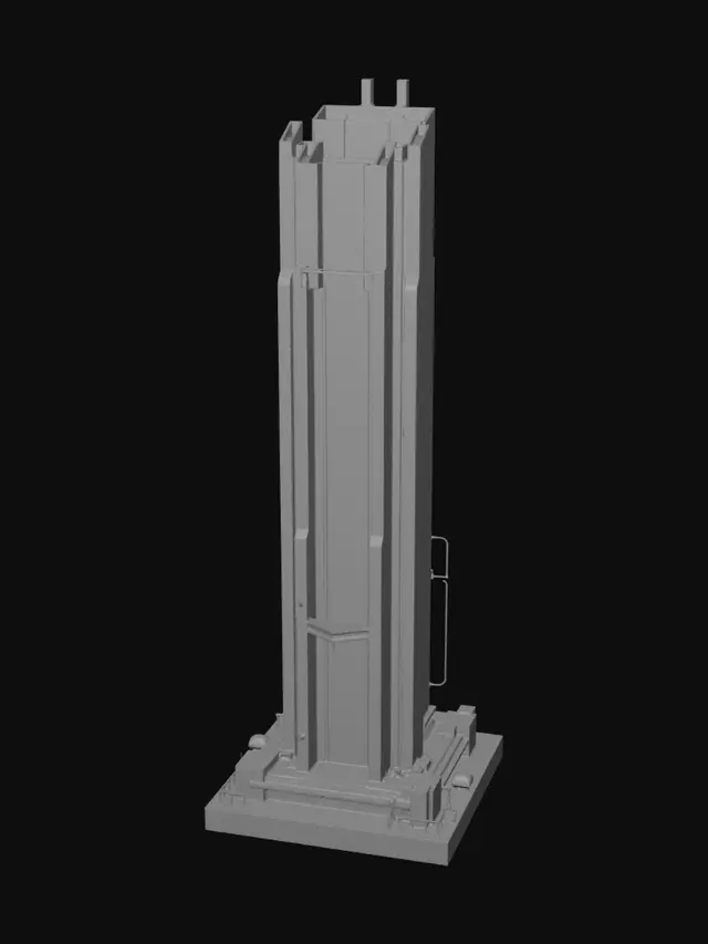 3D model for A 3D game asset of a futuristic cyberpunk skyscraper building. Dark metallic carbon-fiber structure with massive holographic billboards and glowing purple and cyan neon signs attached to the sides. High-tech architecture with geometric angles, ventilation pipes, and a small flying car landing pad on the side. Low-poly stylized game asset, clean silhouette, professional digital art style, 8K texture quality, isolated on a solid light gray background.