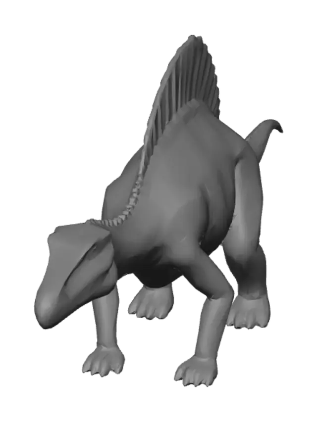 3D model for a accurate spinosaurous  with a sqaure with round corners sail with a long crocodile like snout and make the tail like a fappy thin tail made for swimming with long arms and it is low to the groundand has a long neck not too long