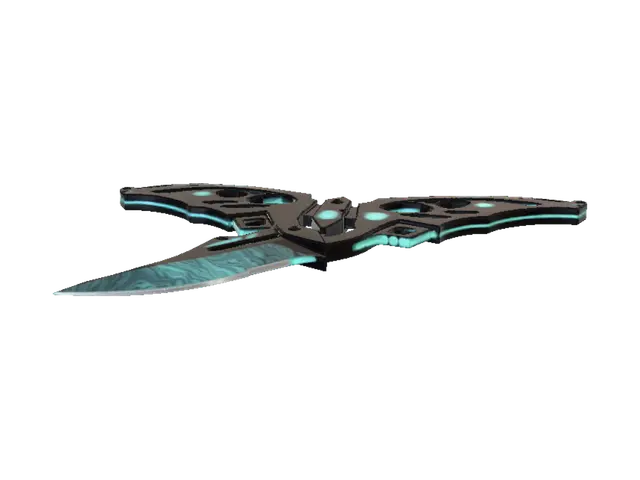 3D model for A futuristic tactical butterfly knife (balisong), highly detailed game-ready 3D asset. Sleek dual skeletonized handles made of matte black carbon fiber with glowing neon-cyan cybernetic accents. A sharp, curved tantō blade made of polished Damascus steel with an iridescent oil-slick / galaxy gradient finish. Modern tactical aesthetic, clean low-poly and high-poly topology, centered pivot pins, weapon skin style.
